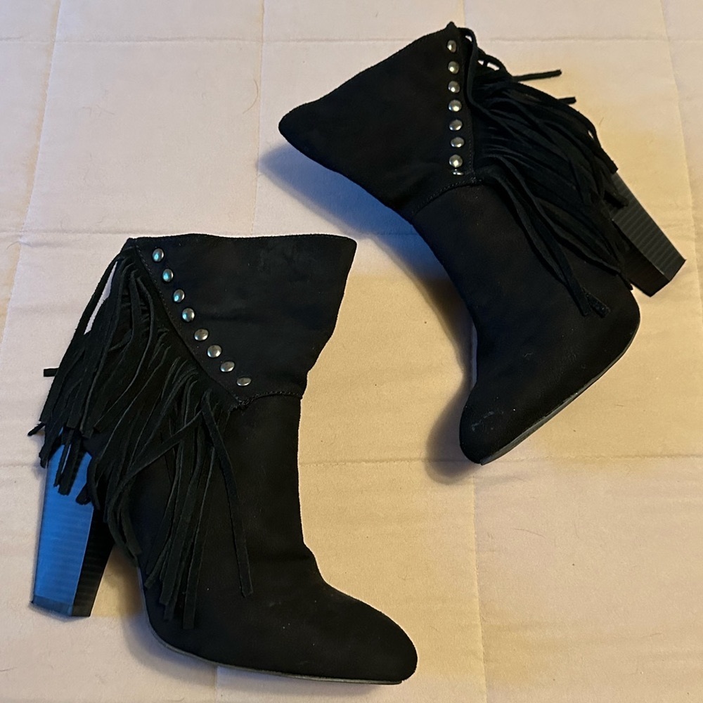 Black fringe booties